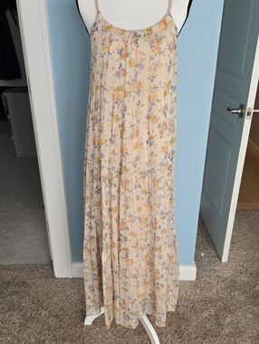 Elena BALDI italy Silk Light Cream Floral Printed Summer Maxi Dress M